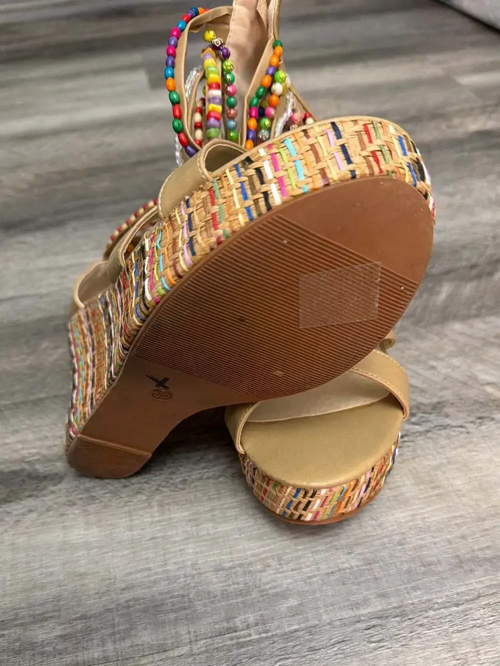 getmorebeauty Women's Wedge Sandals with Multi-Color Beaded Ankle Straps Tan Siz